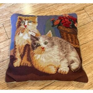 VTG Cat Needlepoint Pillow Cottage Grannycore 14x14 Zip Close Imperial Elegance